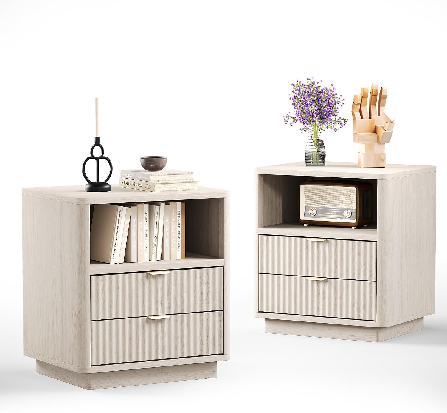 ROCSUMOO Fluted Nightstands Set of 2, Large Nightstand with Drawers and Storage Shelf - Wooden Nightstands Modern Design Night Stands for Bedroom Sofa Office (2 Pieces, Beige)