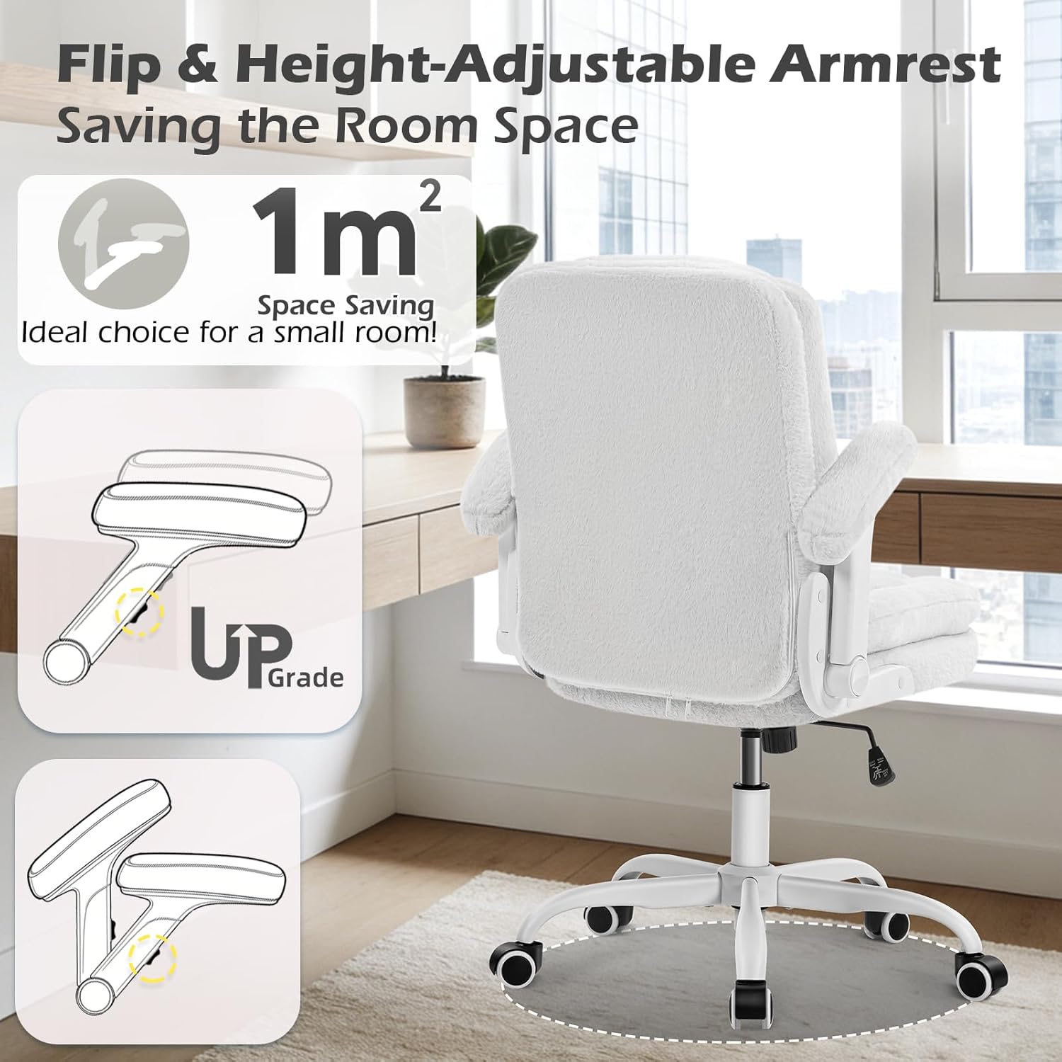 SEATZONE White Plush Office Chair Ergonomic Desk Chair with Lumbar Support, Flip-Up Arms, Adjustable Swivel Computer Chair with Wheels, Soft Fleece Cute Office Chair for Home Bedroom Vanity