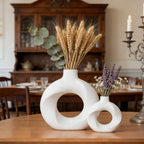 Donut Ceramic Vase Set of 2,Nordic Modern,Hollow,Decorative Ceramic Aesthetic Flower Vase for Home Decor Table Centerpiece Wedding Dining Living Room Office Bookshelf (White)