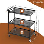 3 Tier Rolling Utility Kitchen Cart, Heavy Duty Wire Rolling Cart on Wheels, Commercial Metal Serving Carts with Handle, Kitchen Island Plant Shelf Food Storage Trolley for Laundry, Office, Garage