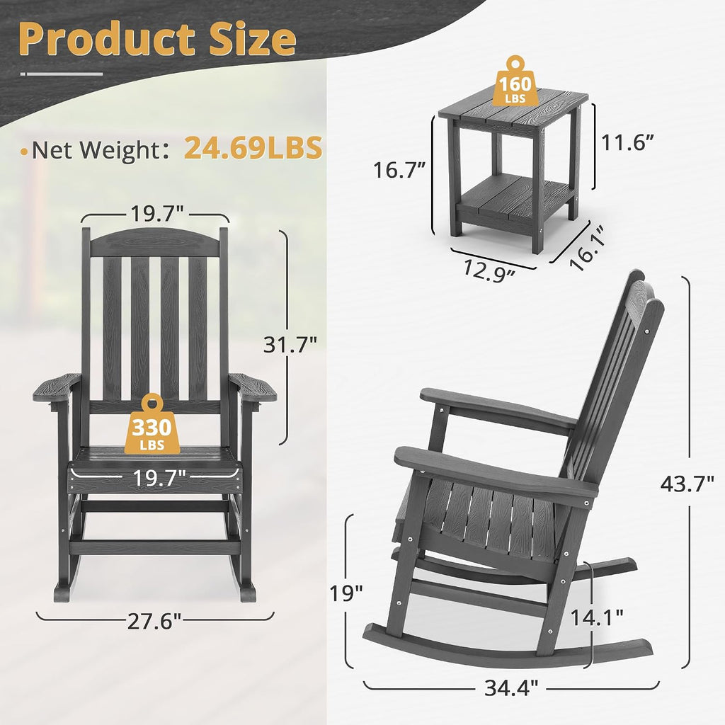 LUE BONA Outdoor Rocking Chair, HDPS Poly Rocking Chairs, All Weather Resistant Plastic Outdoor Indoor Porch Rocker, Heavy Duty Rocking Chair for Patio, Lawn, Garden, 300LBS, Dark Gray