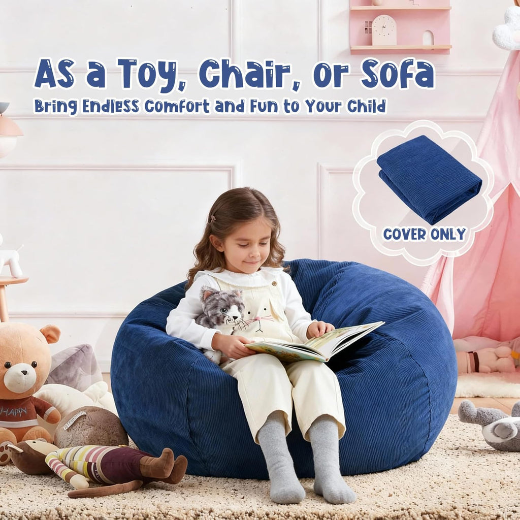 Bean Bag Chair Cover (No Filler) for Kids and Adults,Beanbag Stuffed Animal Storage Without Filling Plush Toys Holder and Organizer Soft Premium Corduroy 200L (Dark Blue)