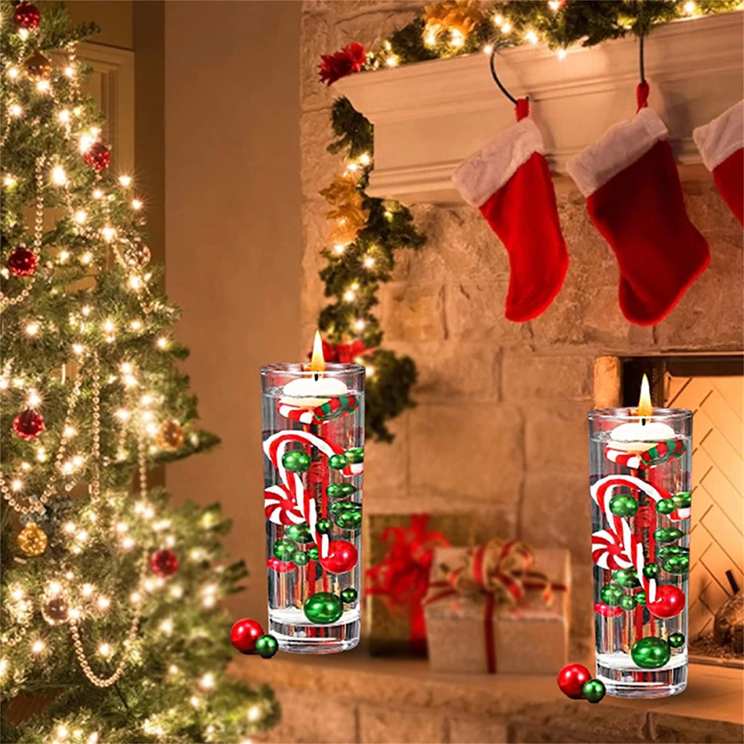 10065Pcs Christmas Vase Fillers Floating Candles and Candy Water Beads Christmas Filler Faux Pearls for Vase Filler Table Centerpieces Christmas Home Party Decoration (Style A-7065pcs)
