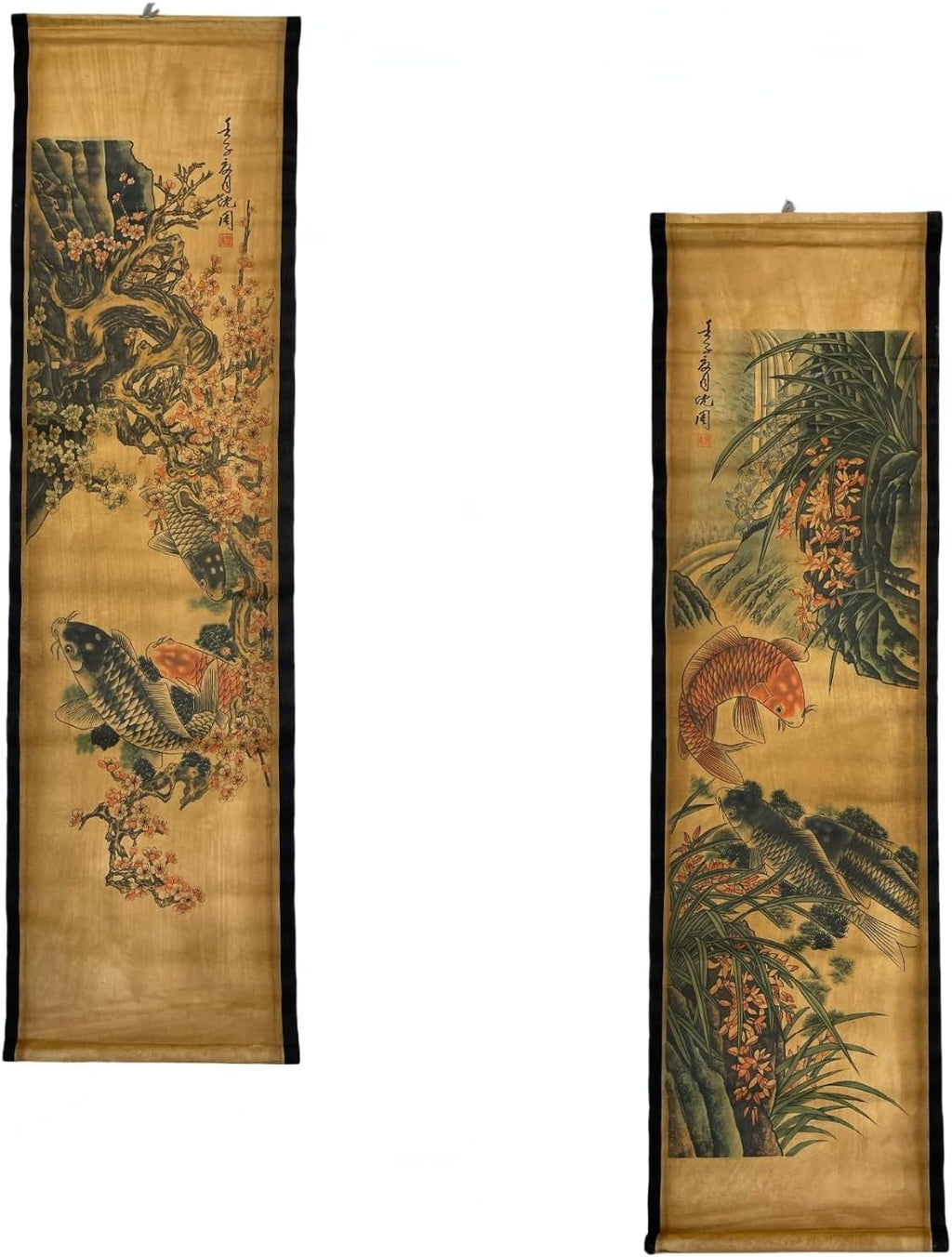 4PCS/Set Wall Scroll Hanging Painting Decor Japanese Koi Fish Flower Fengshui, Ancient Paintings Replica Asia Traditional Art, Attract Wealth Four Seasons