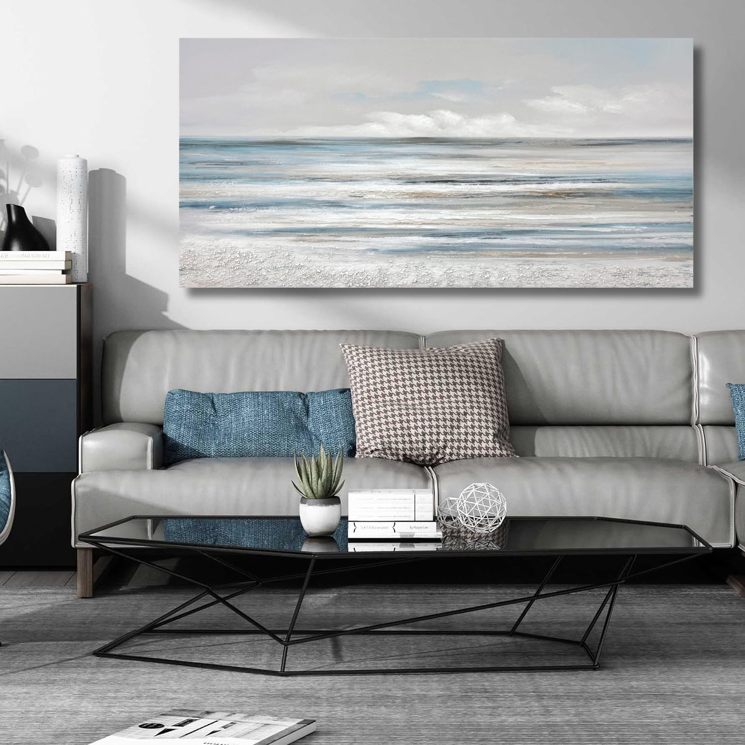 TRAIN2 ART Abstract Wall Art Modern Coastal Wall Decor Textured Blue and White Sea Background Canvas Wall Art for Living Room Bedroom Kitchen Office 28"x57"