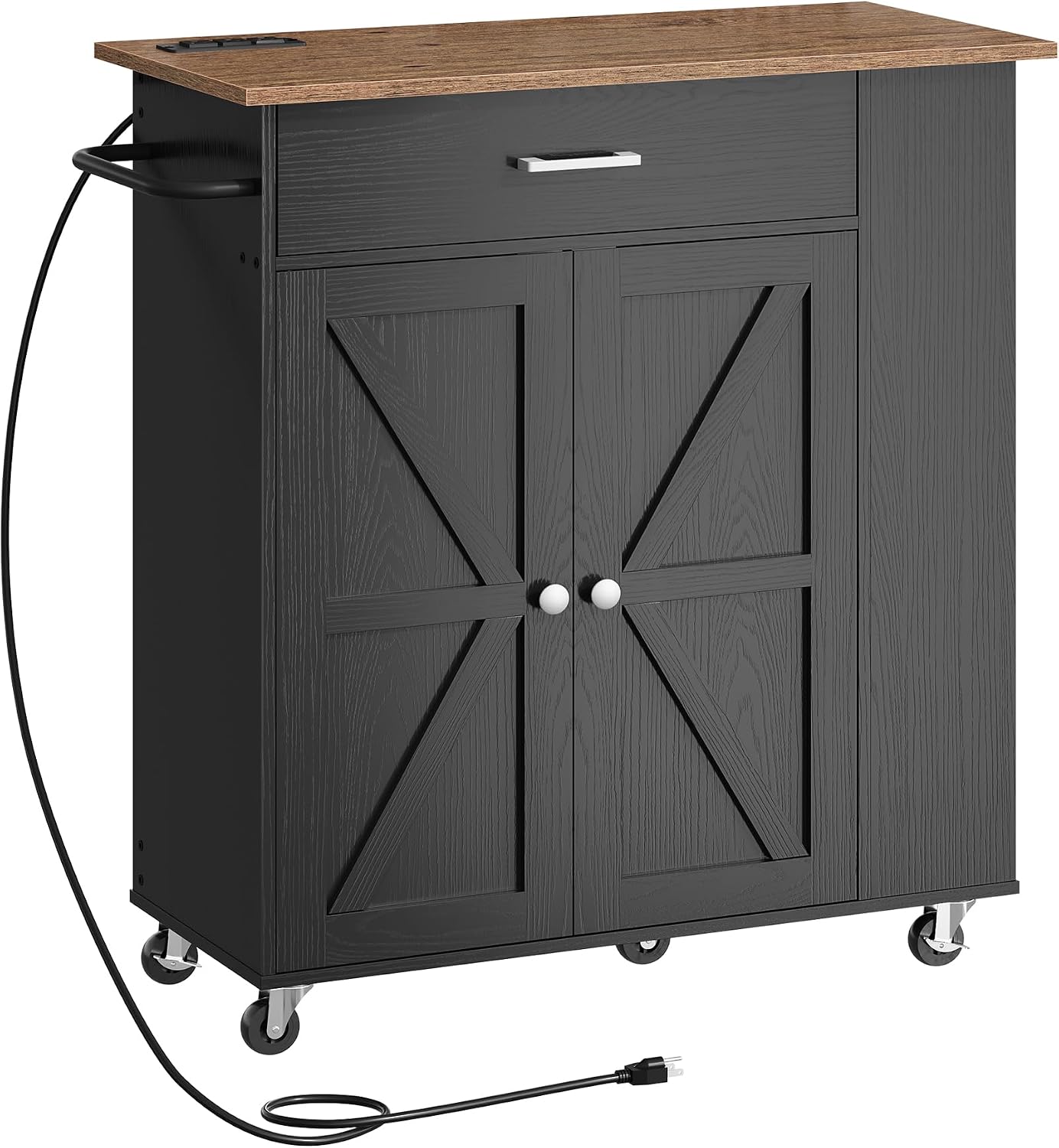 CHOEZON Kitchen Island Cart with Storage, Bar Cart with Charging Station, Kitchen Island on Wheels, Rolling Mobile Table with Cabinet, 3 AC Outlets, Black and Walnut MZD04UBL