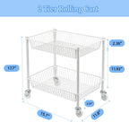 2 Tier Small Utility Cart on Wheels Short Rolling Pantry Cart Thick Metal Wire Basket Stand, Fruit Vegetables Storage Rack for Kitchen, Under Desk Storage for Small Space Bathroom Laundry, White