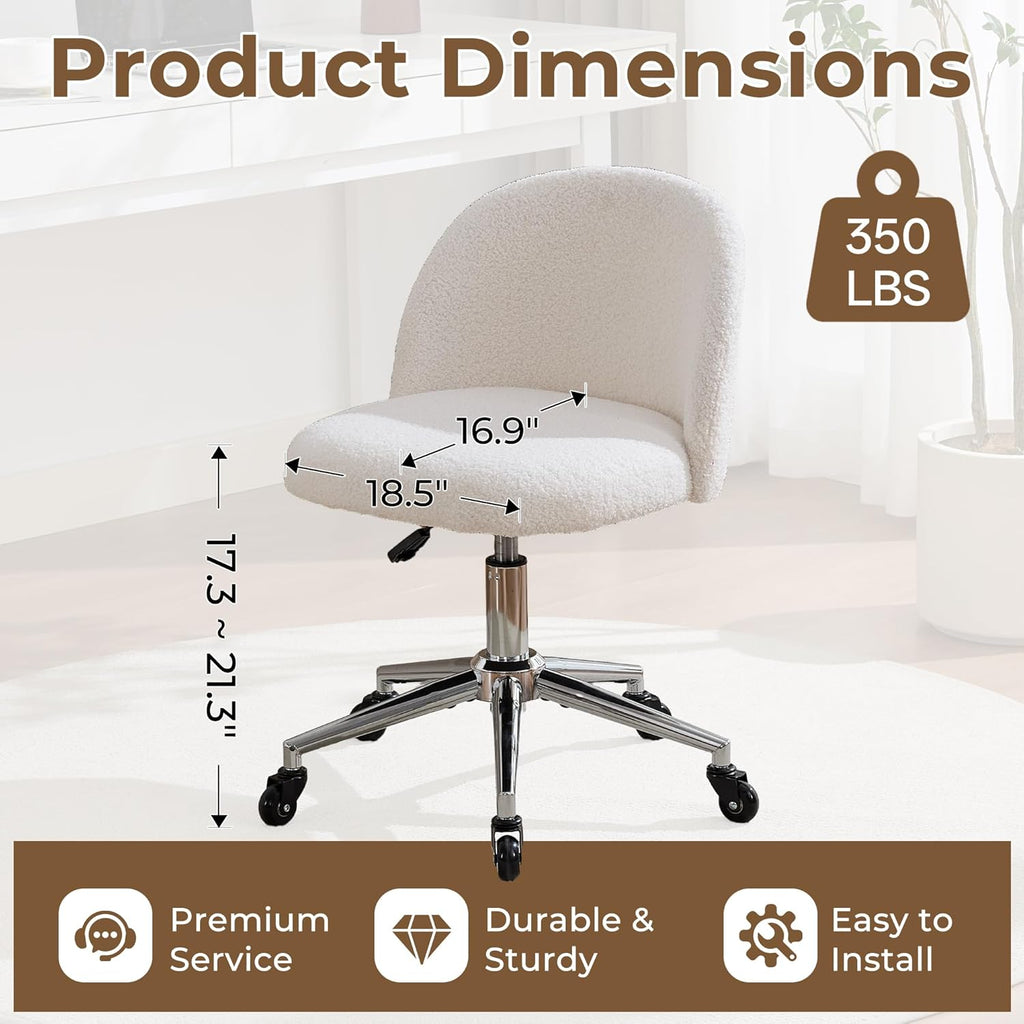 Home Office Chair with Quiet Wheels - Armless Vanity Chair Vanity Stool, 360 Swivel Height Adjustable White