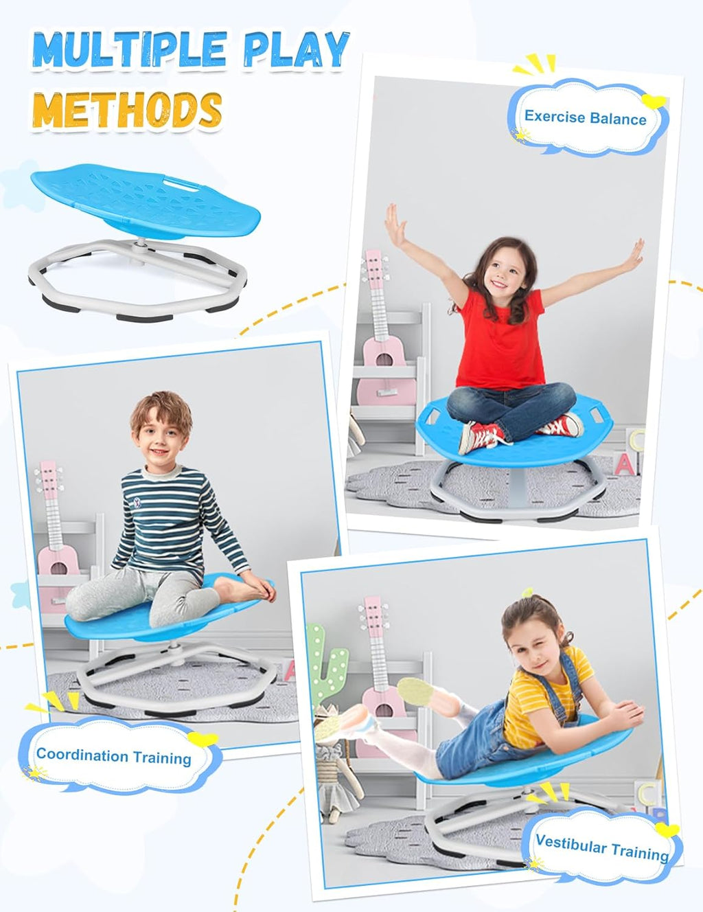 Upgraded Sensory Spinning Chair for Autistic Kids with Handles, Spin Chair for Kids Autism & ADHD, 360° Rotating Seat for Balance and Coordination, Enhancing Motor Skills, Blue
