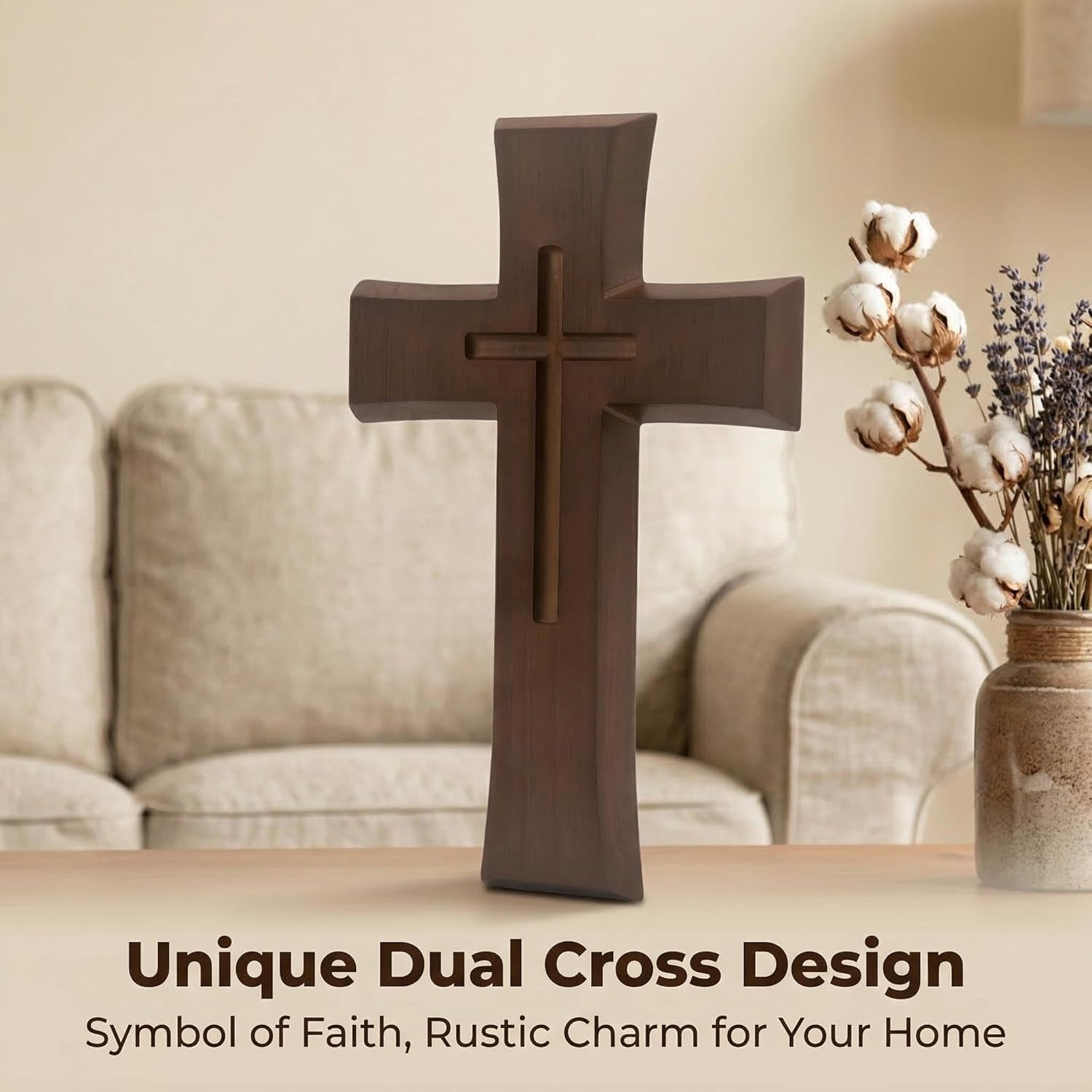 YOYAI Wooden Cross Wall Decor, Handcrafted Christian Cross 9.96”, Solid Wood Religious Wall Hanging, Faith Home Decor for Prayer Room, Baptism Gift, Easter & Christmas