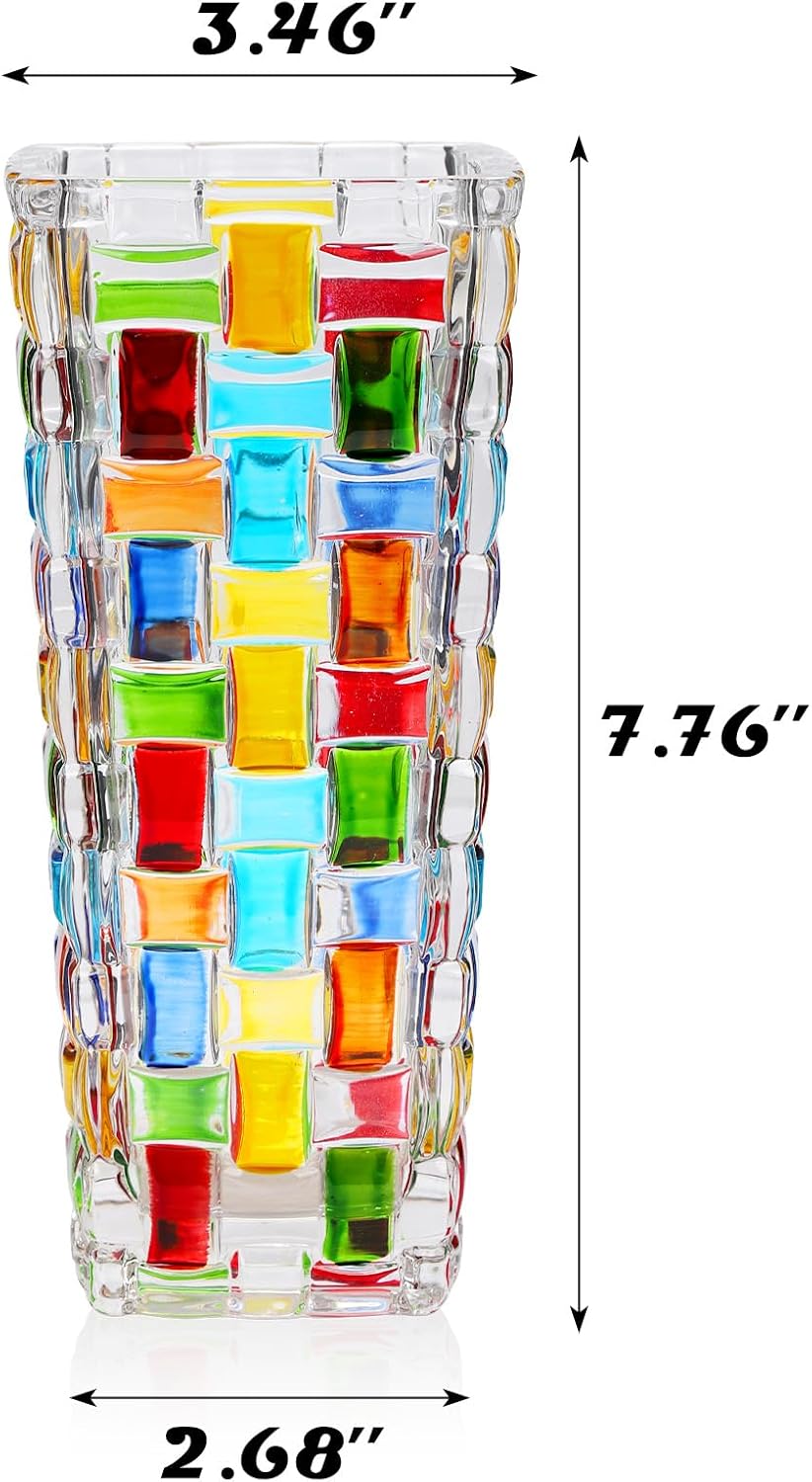 VanEnjoy 7.7 inch Colored Glass Vase Hand Blown Glass Vase for Flower Unique Mosaic Vase Flower Vase for Home Office Decor Glass Mexican Vase for Floral Arrangement Centerpieces