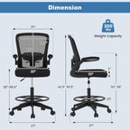 POWERSTONE Drafting Chair, Ergonomic Tall Office Chair for Standing Desk with 3IN Thick Cushion, Flip-up Arm, Adjustable Back Support & Footrest Workbench Rolling Stool Computer Chair (Black 1PCS)