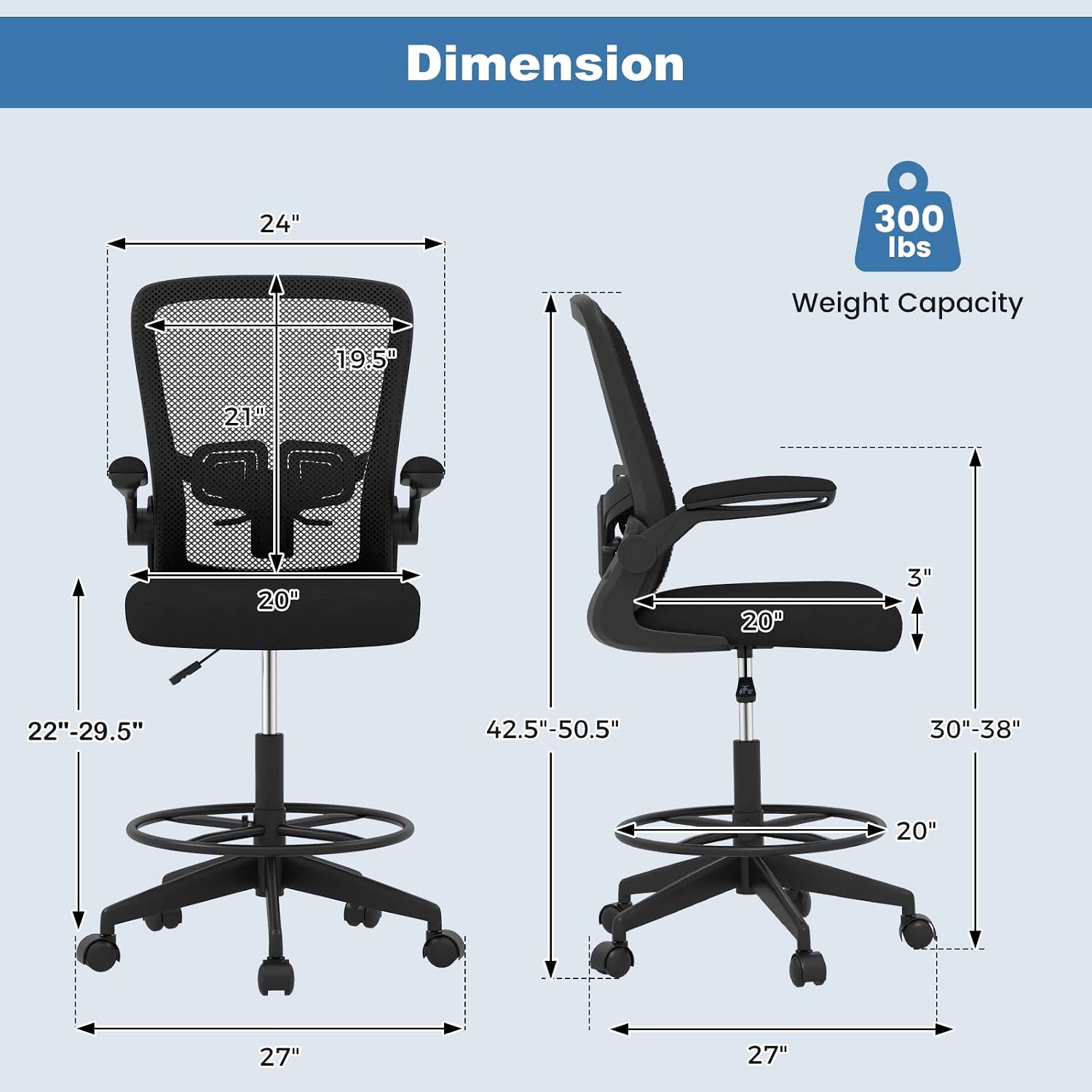 POWERSTONE Drafting Chair, Ergonomic Tall Office Chair for Standing Desk with 3IN Thick Cushion, Flip-up Arm, Adjustable Back Support & Footrest Workbench Rolling Stool Computer Chair (Black 1PCS)