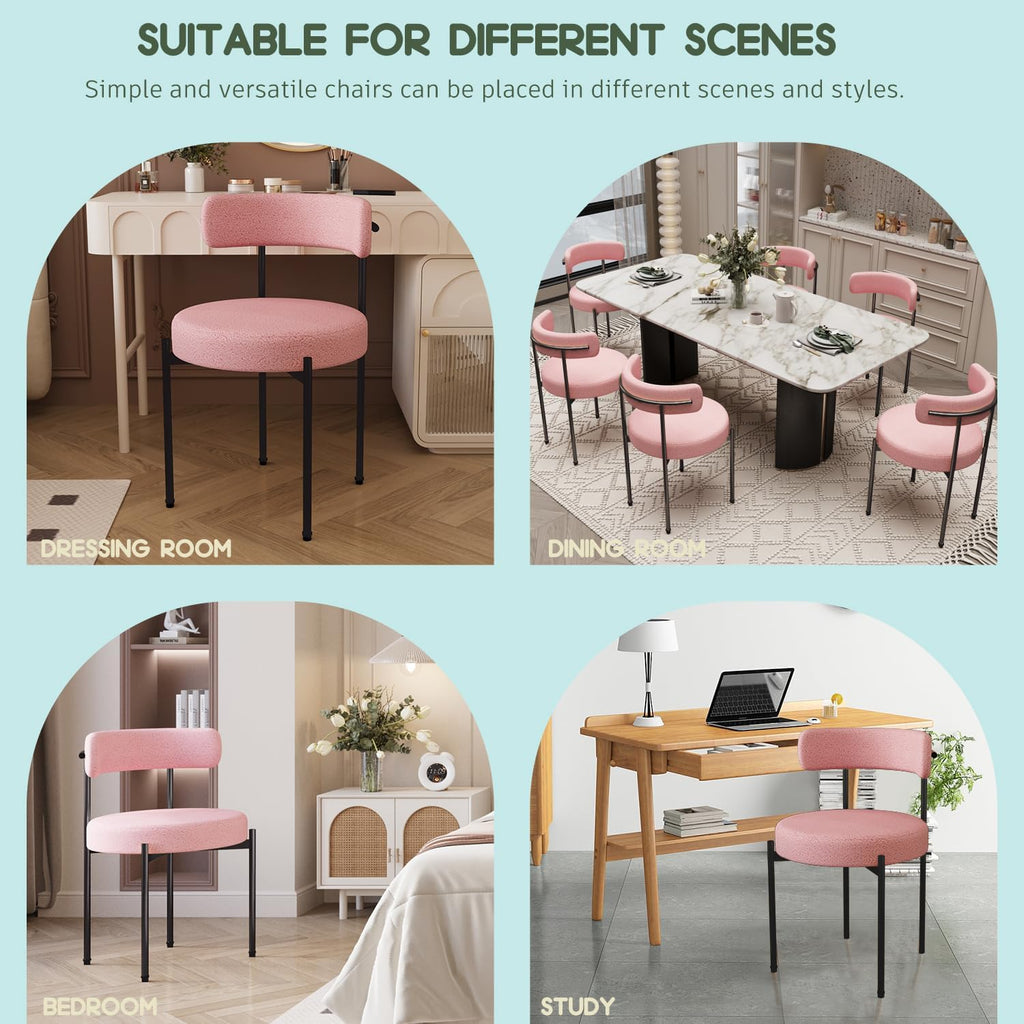 Boucle Dining Chairs Set of 2 Teddy Upholstered Dining Room Chairs Kitchen Chairs with Metal Legs Mid Century Modern Chair for Dining Room, Kitchen(Black Frame+Pink, 2)