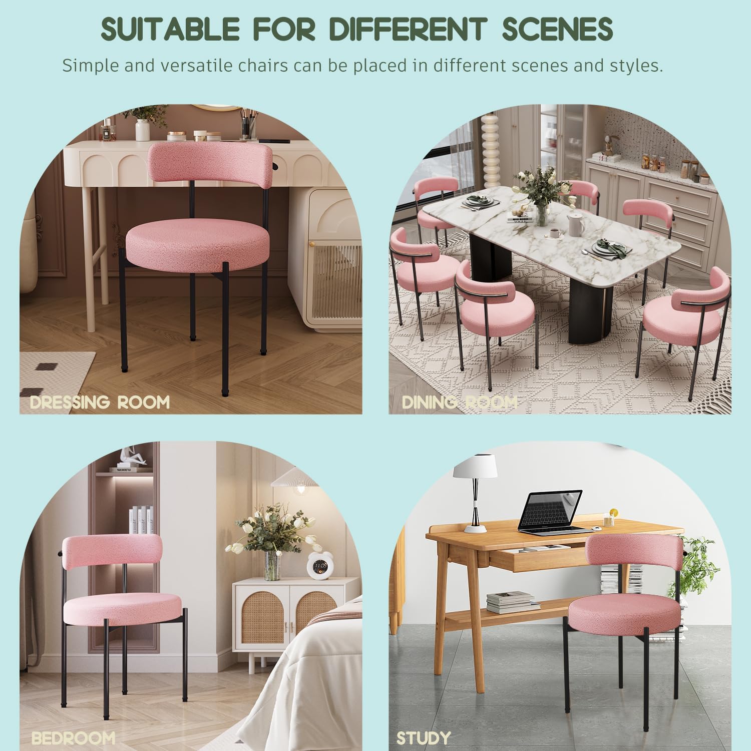 Boucle Dining Chairs Set of 2 Teddy Upholstered Dining Room Chairs Kitchen Chairs with Metal Legs Mid Century Modern Chair for Dining Room, Kitchen(Black Frame+Pink, 2)