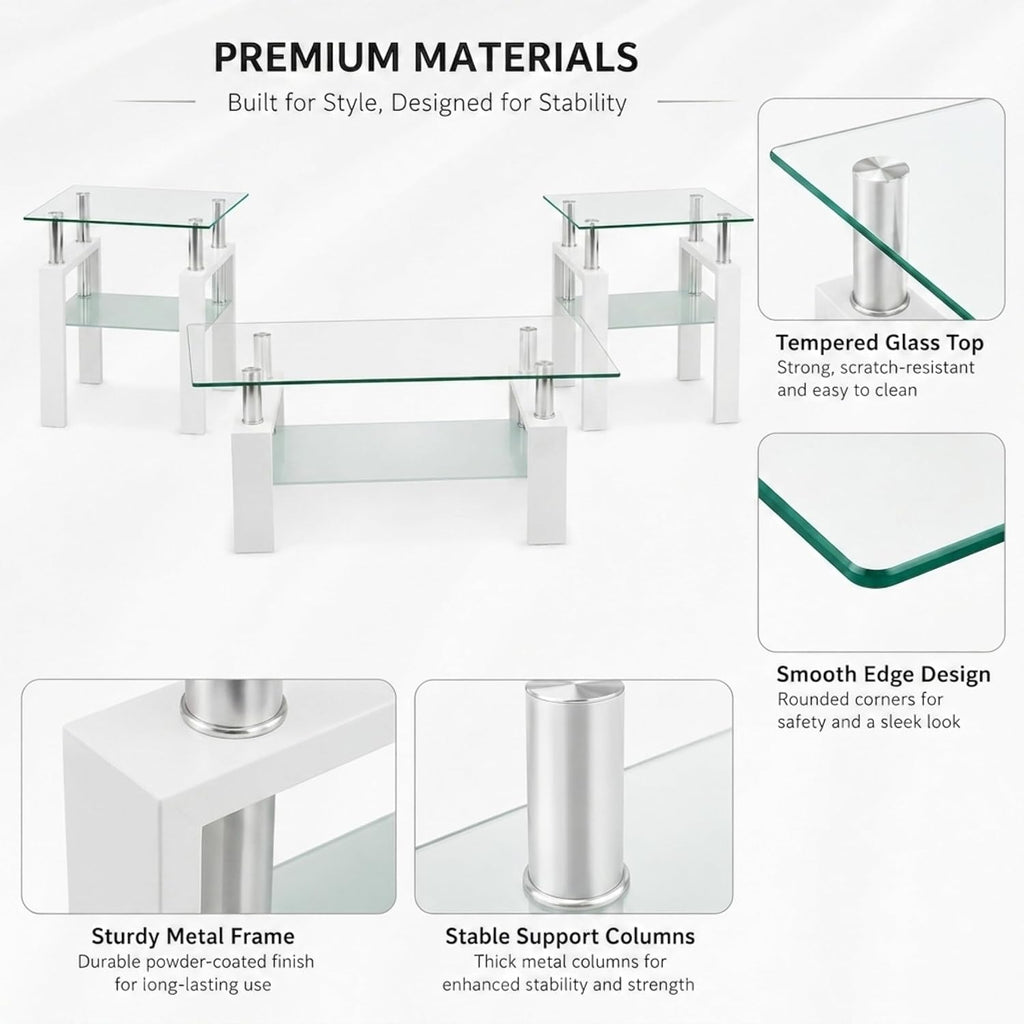 Meihua Glass Coffee Table and End Table Set of 3, Modern Living Room Table Set with Tempered Glass & Metal Frame, Double-Layer Side Tables (Clear Glass + White Leg, Set of 3)