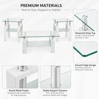 Meihua Glass Coffee Table and End Table Set of 3, Modern Living Room Table Set with Tempered Glass & Metal Frame, Double-Layer Side Tables (Clear Glass + White Leg, Set of 3)
