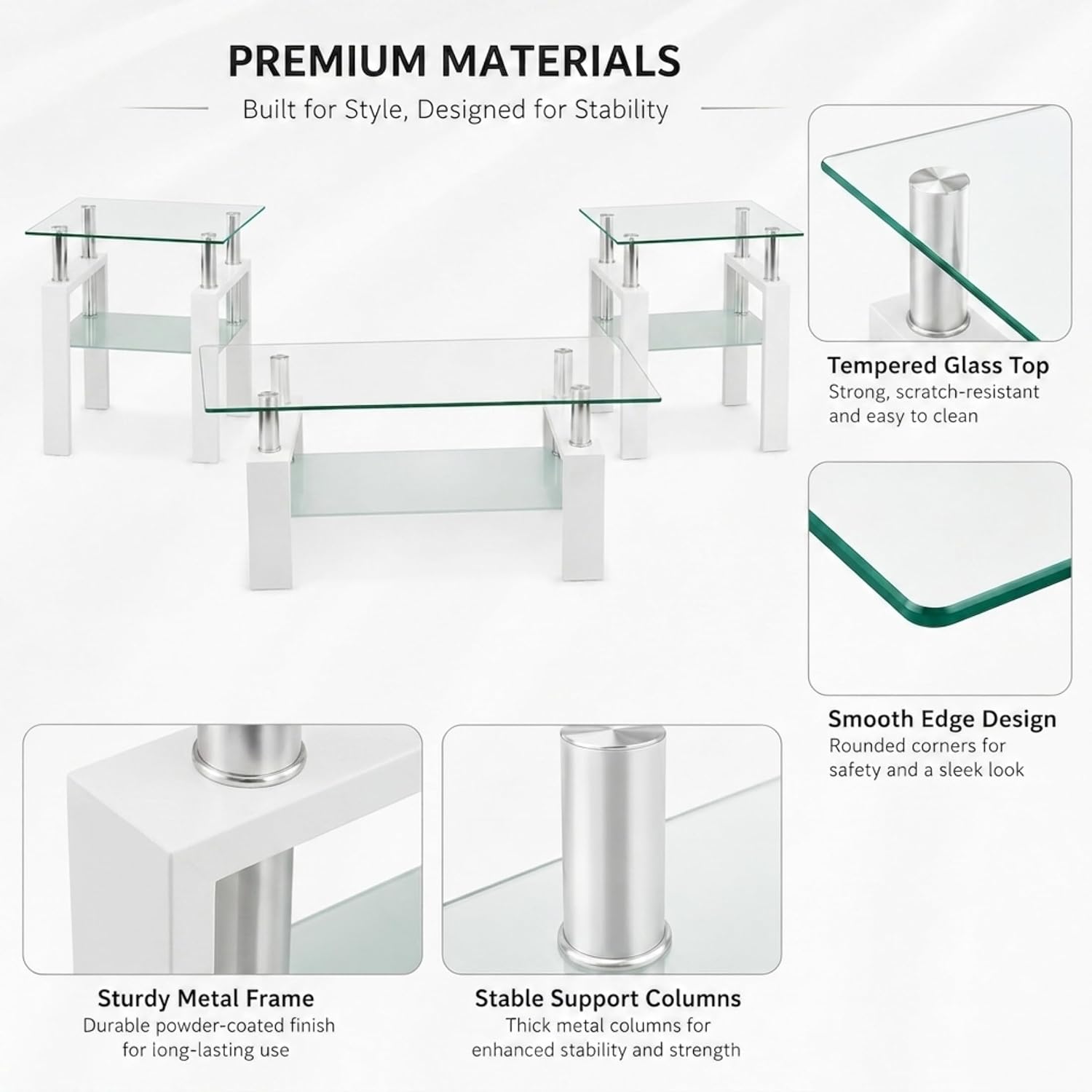 Meihua Glass Coffee Table and End Table Set of 3, Modern Living Room Table Set with Tempered Glass & Metal Frame, Double-Layer Side Tables (Clear Glass + White Leg, Set of 3)