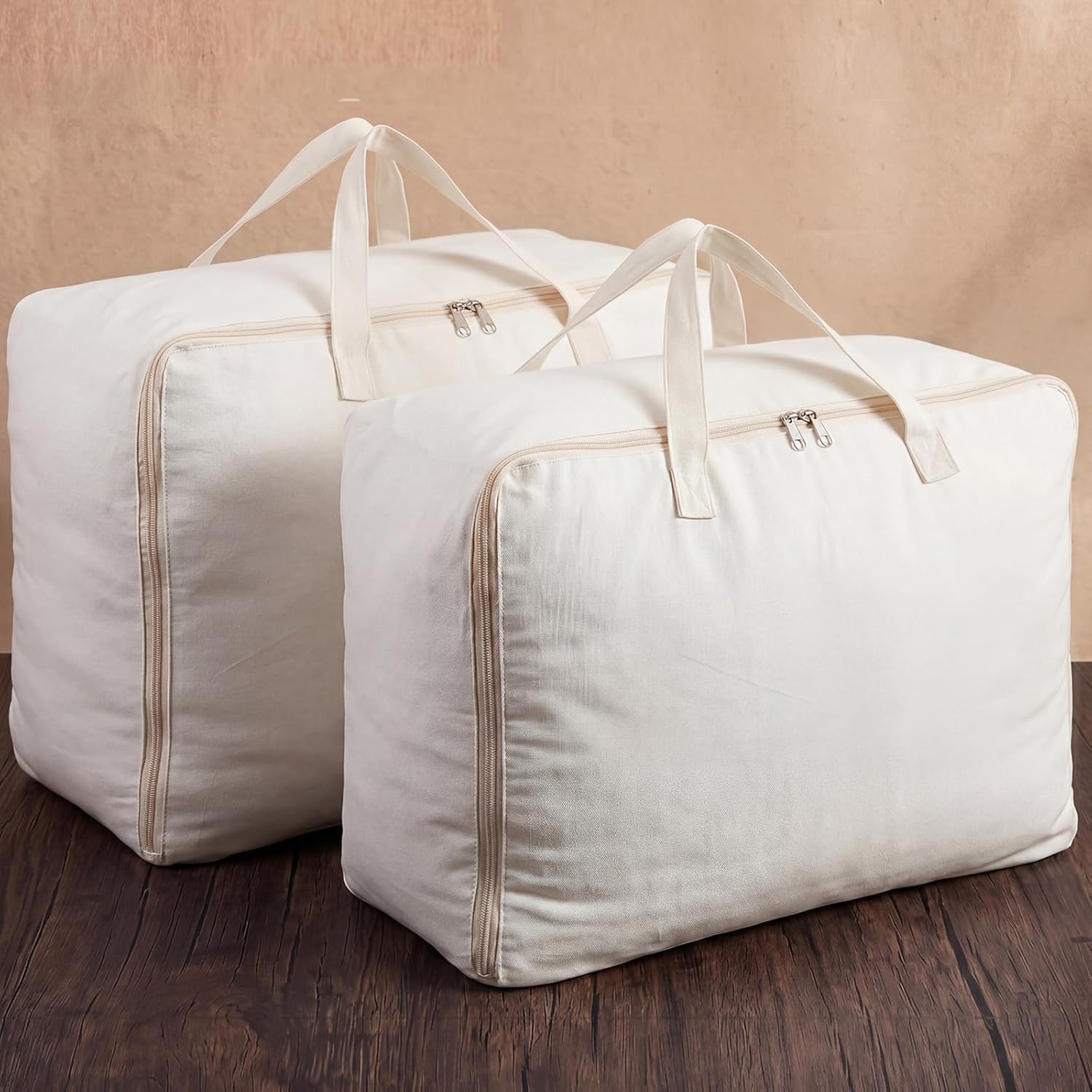 2 Pack 100% Cotton 24"x 15"x 12" Canvas Pillow Storage Bag with Handles for Home Travel Beddings Comforters Blankets Saree Linens Organizer Thick Soft Breathable Closet Organizer Bag