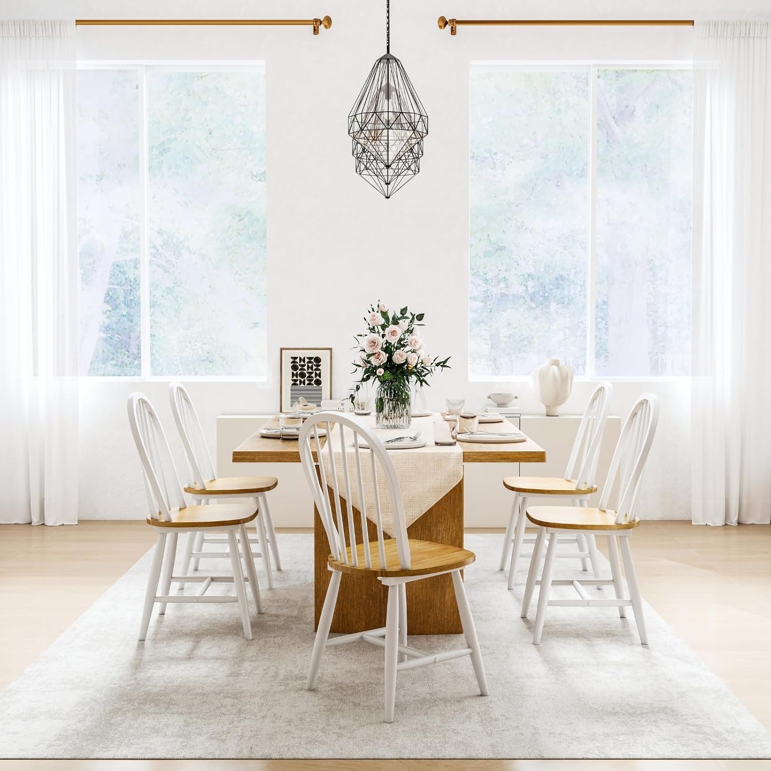chairus White Windsor Dining Chairs Set of 2, Farmhouse Wooden Dining Room Chairs with Spindle Bow Back, Modern Cottage Oak Side Kitchen Chairs