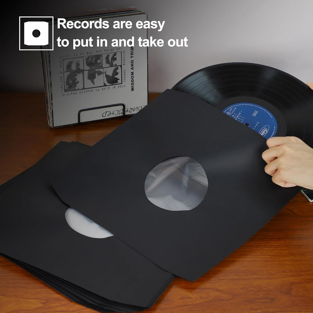 YVW 50Pcs Vinyl Record Inner Sleeves, Black Kraft Paper Record Sleeves with Poly Lined for 12" Records, Comer Cut Design Acid Free Album Covers, Vinyl Record Album Covers LP Jacket Protective