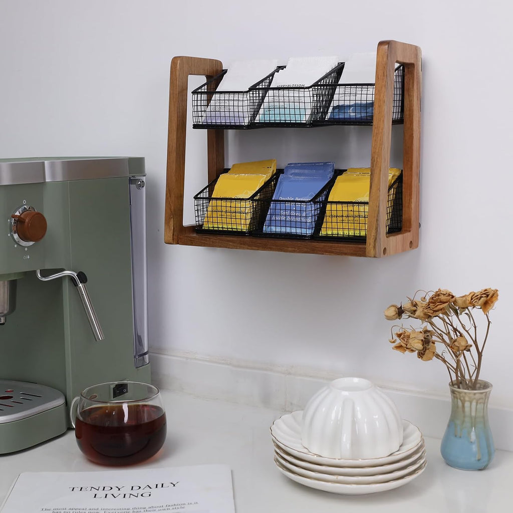 HTB 2 Tier Tea Organizer for Tea Bags with 6 Removable Metal Baskets | Acacia Wood Tea Bag Holder for Sugar Packets, Sweeteners, Creamers,Tea Bag Box Caddy for Cabinet, Counter,Office Wall-mounted