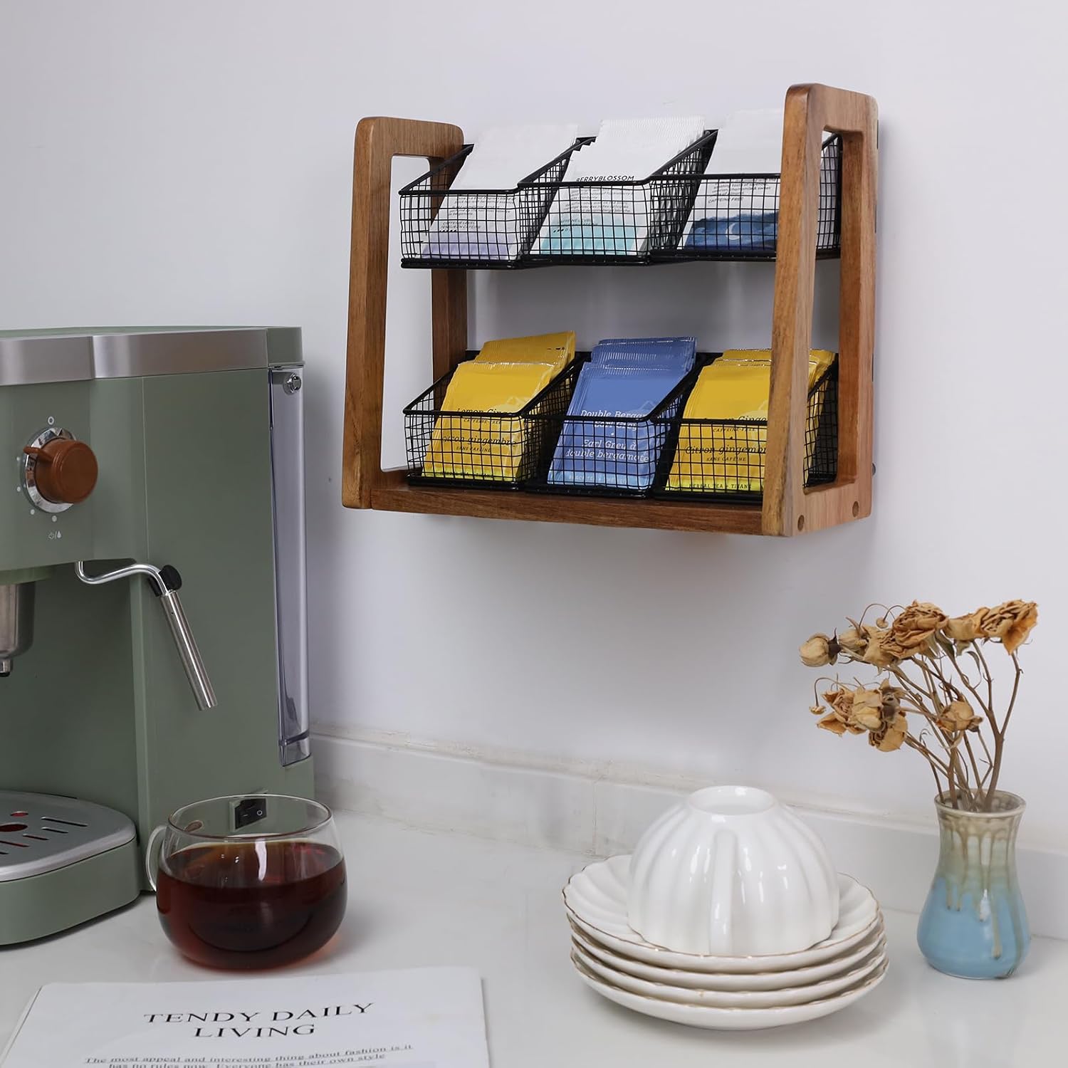 HTB 2 Tier Tea Organizer for Tea Bags with 6 Removable Metal Baskets | Acacia Wood Tea Bag Holder for Sugar Packets, Sweeteners, Creamers,Tea Bag Box Caddy for Cabinet, Counter,Office Wall-mounted