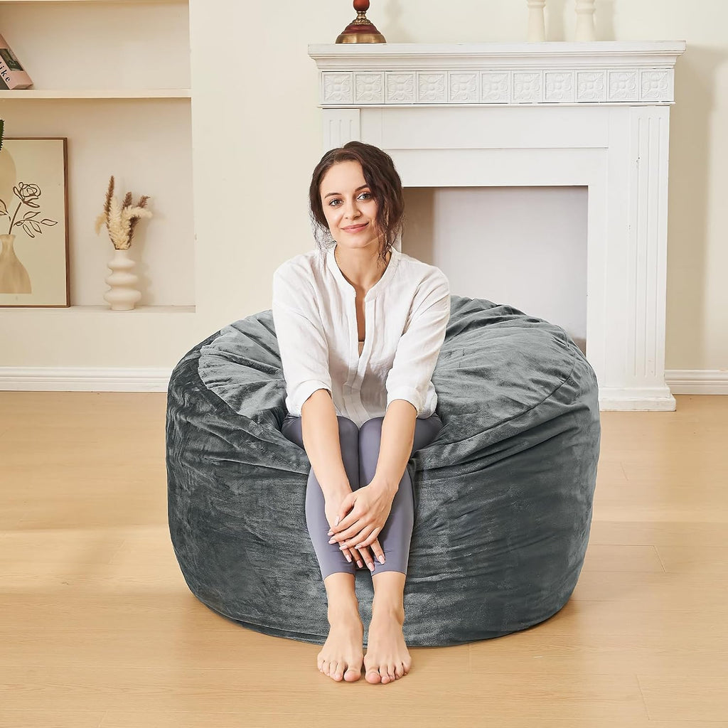 3 Feet Bean Bag Chair - BeanBag Chairs for Adults, Living Room Furniture Sofa with Soft Micro Fiber Cover, Round Fluffy Couch for Bedroom College Dorm - Grey