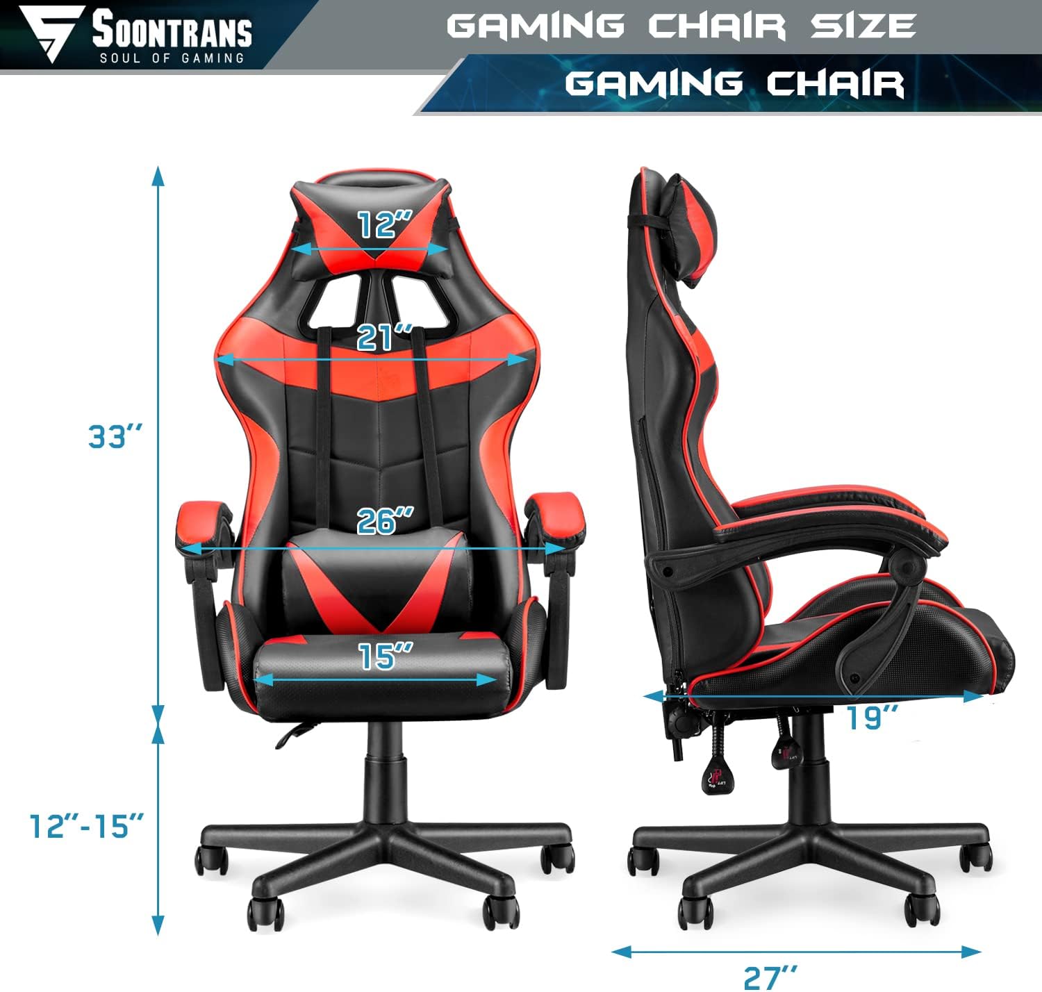 Soontrans Red Gaming Chair,Ergonomic Gamer Chair,Racing Game Chair,PC Computer Chair with High-Back,Adjustable Headrest and Lumbar Support