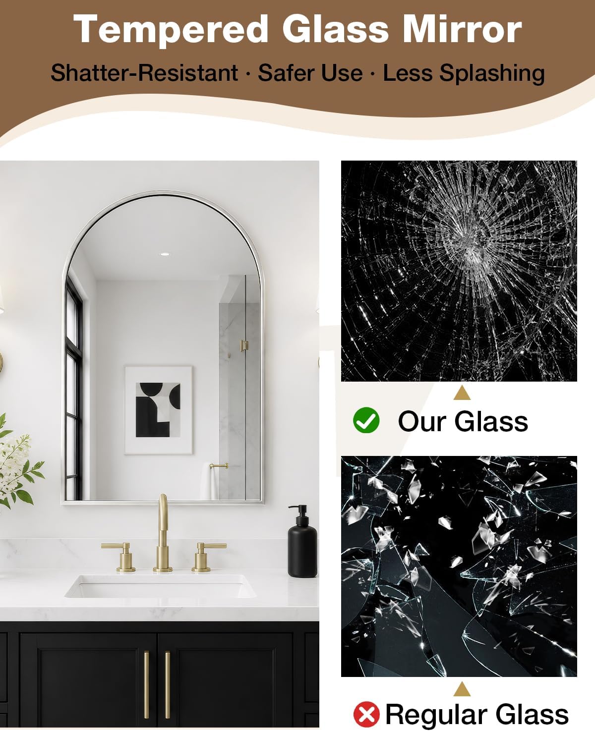 24x36 Inch Arched Bathroom Mirror, Wall Mounted Arch Vanity Mirror for Over Sink, Tempered Glass, Brushed Nickel Aluminum Frame, for Bathroom Bedroom Entryway Living Room