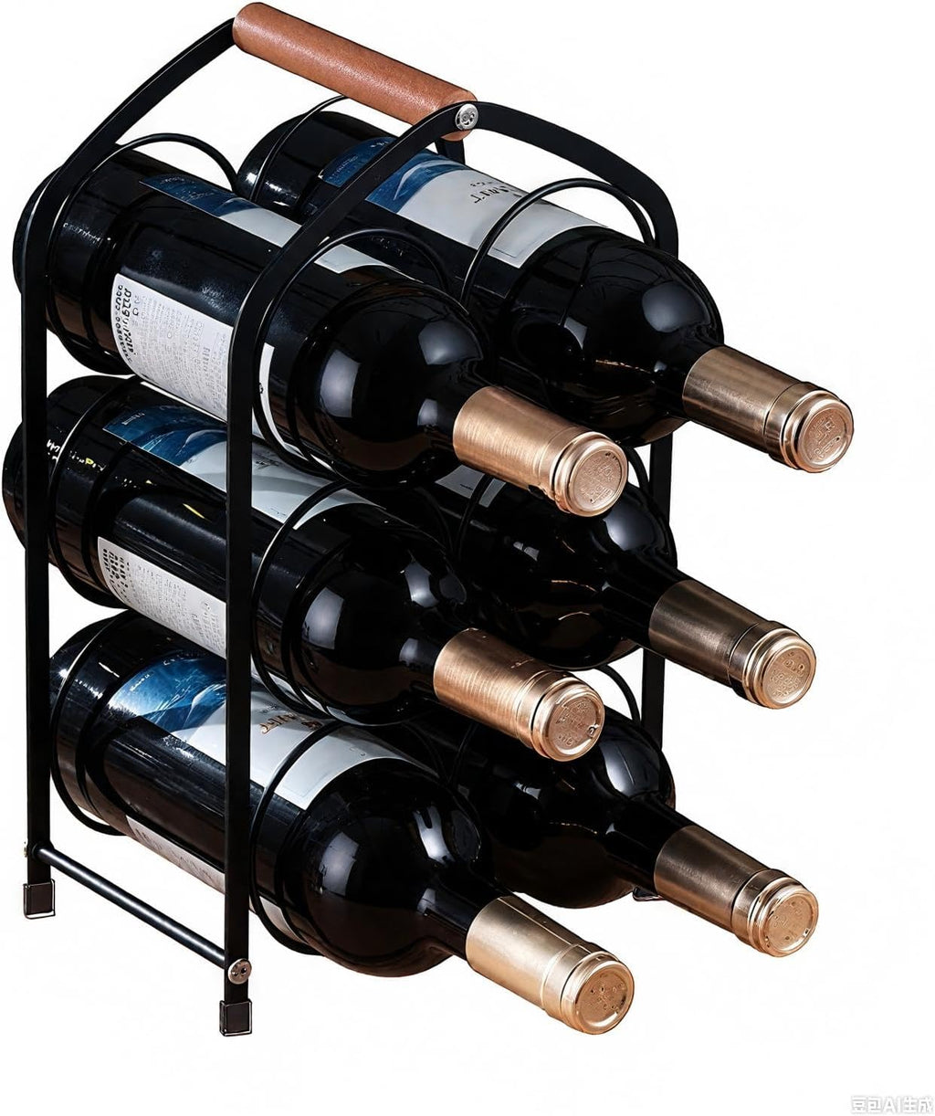 Wine Rack countertop Wine Bottle Holder Metal Wine Rack, Industrial Style Honeycomb Design 6-Bottle Wine Storage with Wooden Handle, Easy Installation,for Home Kitchen Bar/Cabinet