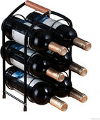Wine Rack countertop Wine Bottle Holder Metal Wine Rack, Industrial Style Honeycomb Design 6-Bottle Wine Storage with Wooden Handle, Easy Installation,for Home Kitchen Bar/Cabinet