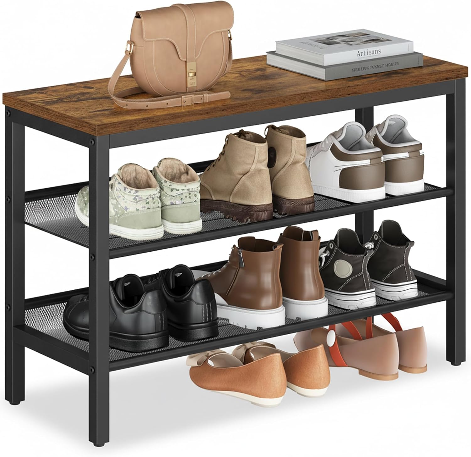 VASAGLE 3 Tier Shoe Rack Bench, One Piece Shelves, Shoe Storage Organizer with Raised Edges, Industrial Style, Easy Assembly, 11 x 29.5 x 19.7 Inches, Rustic Brown and Matte Black ULSB070KD01S