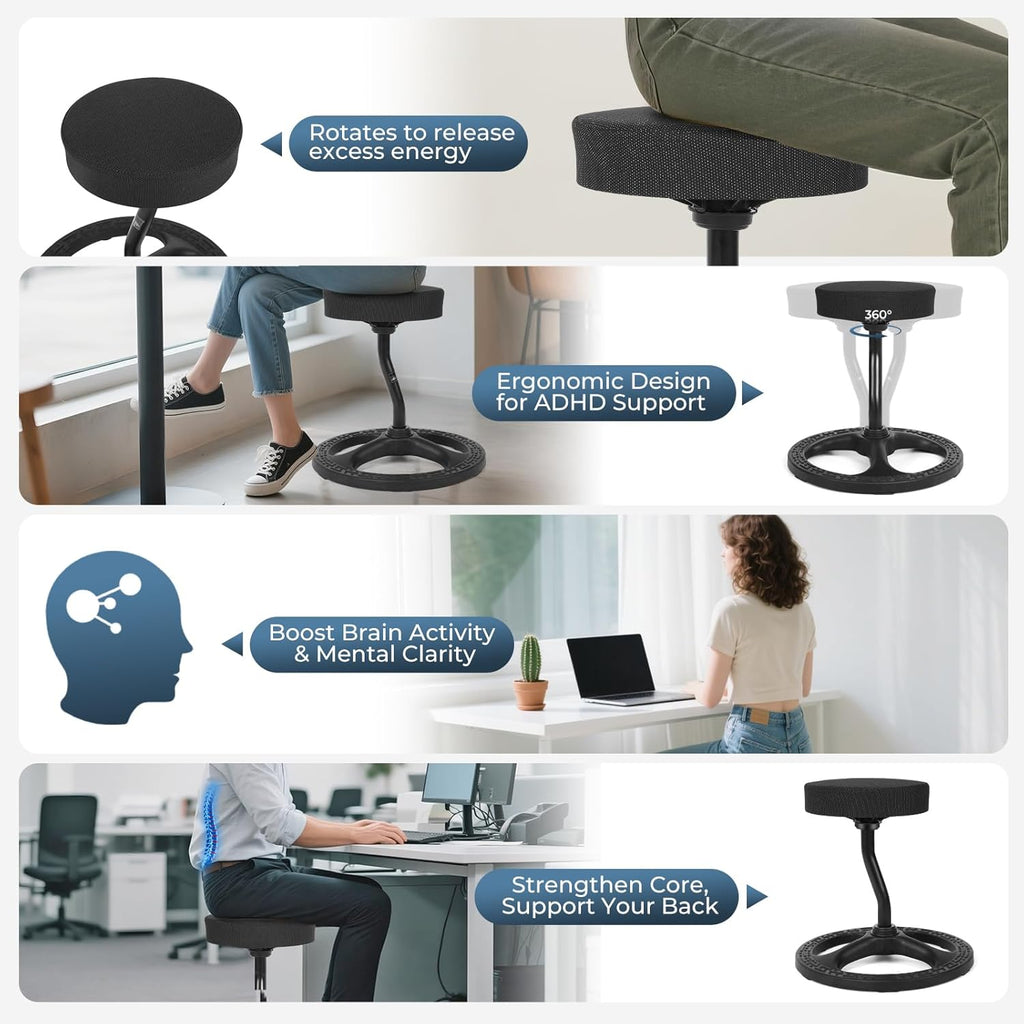Fitness Seat, ADHD Chair Stool, Stability, Balance, Yoga, Ergonomic Health Stool with Non-Slip Base and Washable Seat Cover - Black (Black, 19″)