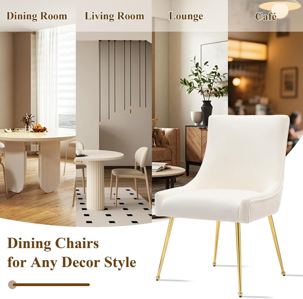 adochr Velvet Dining Chairs Set of 4, Modern Upholstered Kitchen Chair with Pull Handle & Pleated Back, Mid Century Accent Chair with Gold Metal Legs for Vanity,Dining,Kitchen,Living Room, Beige