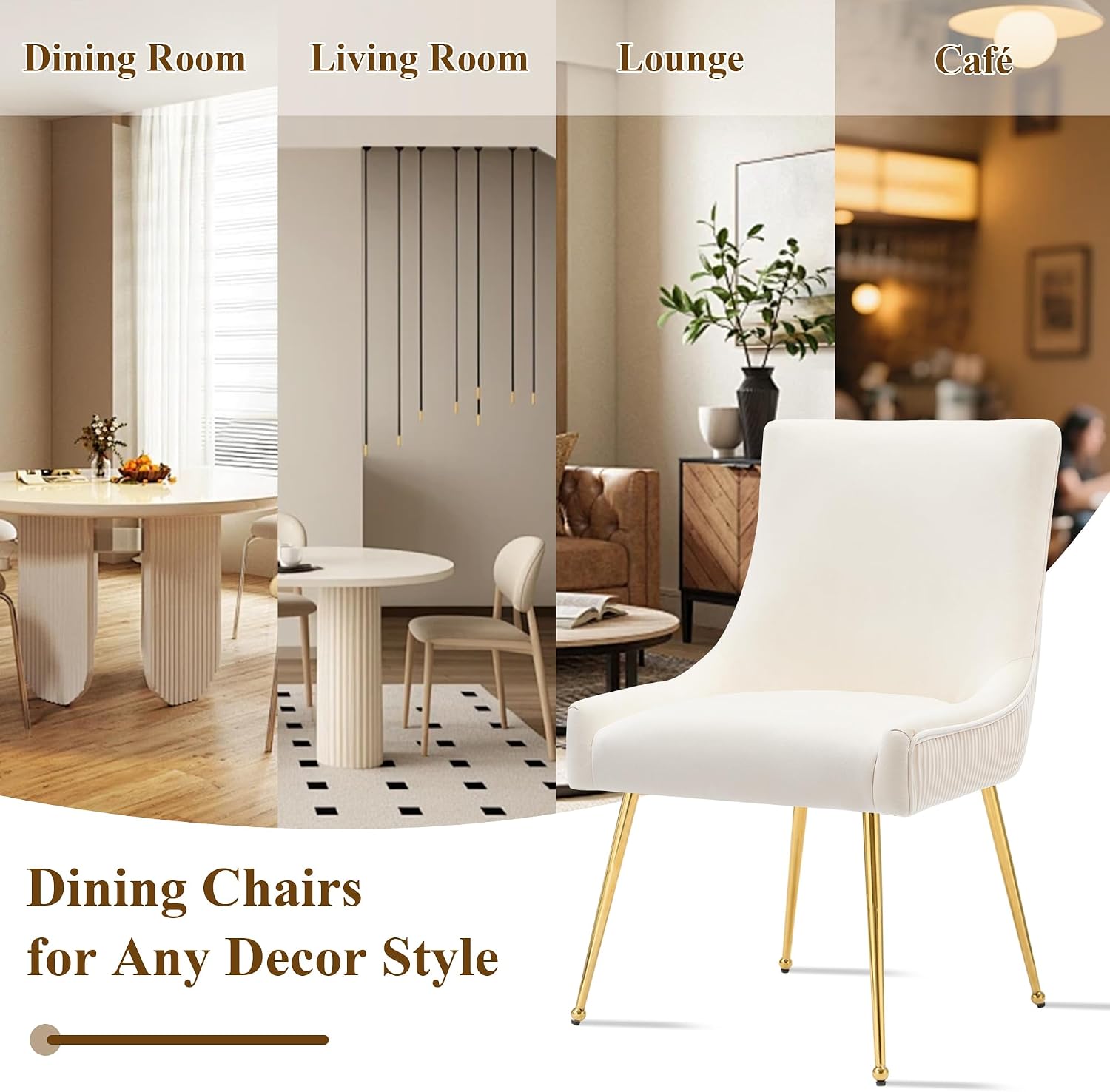 adochr Velvet Dining Chairs Set of 4, Modern Upholstered Kitchen Chair with Pull Handle & Pleated Back, Mid Century Accent Chair with Gold Metal Legs for Vanity,Dining,Kitchen,Living Room, Beige