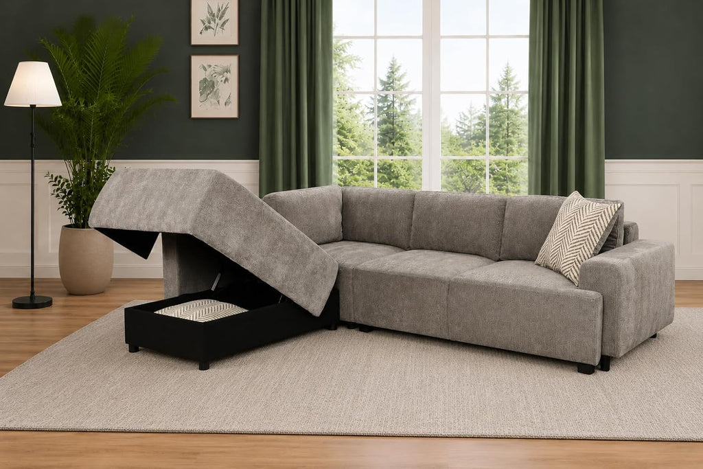 THSUPER 104'' L Shaped Sectional Sleeper Couch with Storage Chaise, Chenille Sectional Sofa with Pull Out Bed and Storage Loveseat, 4 Seater Comfy Couches for Living Room (Light Grey)