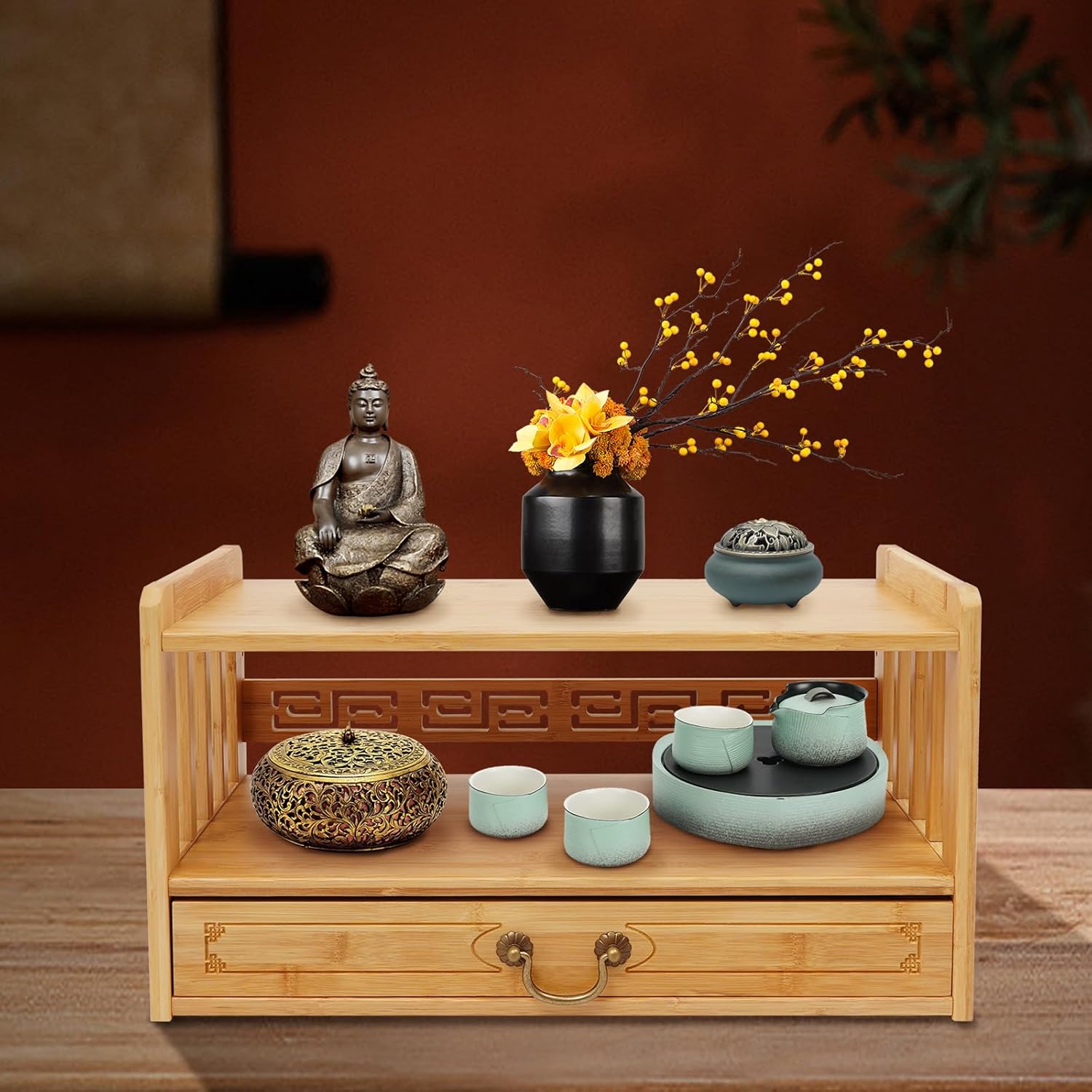 Meditation Storage Table, Altar Table with Drawer, Puja Table Perfect for Home Used, for Meditation Prayers, Desktop Organizer Bamboo Furniture, for Displaying Jars, Plants and Books (Wood Color)
