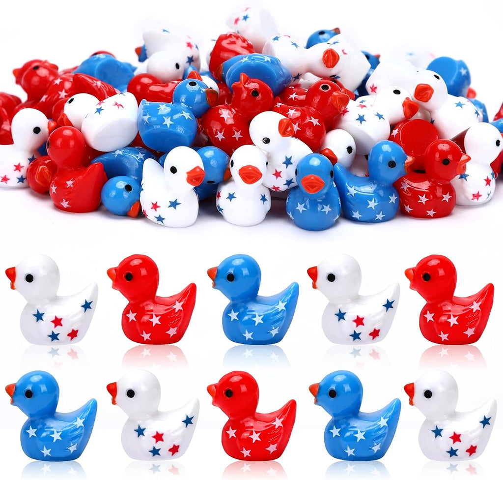 JUNEBRUSHS 120 Pcs Patriotic Ducks Mini Resin Ducks Figures 4th of July Decor Red White Blue Mini Resin Ducks for 4th of July Vase Filler Gifts Tabletop Micro Landscape Party Home Decorations