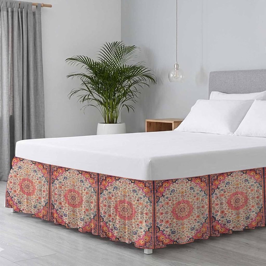 Boho Ethnic Bed Skirt Full/Queen Size Bed Skirting 18 Inch Drop Adjustable Elastic Dust Ruffles Wrap Around Bedskirt Pleated Southwest Aztec Tribal Geometric Aesthetic Bedding Frame Cover for Dorm
