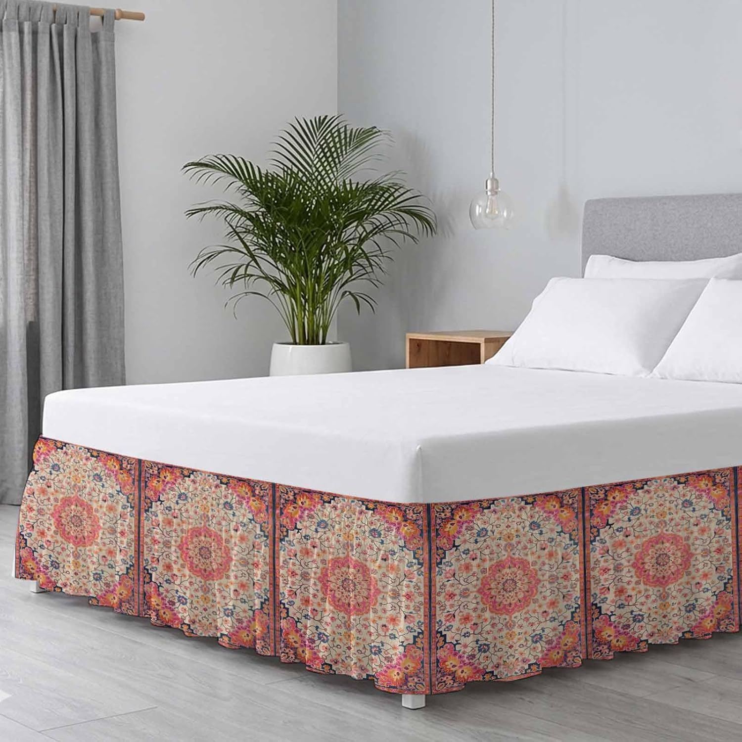 Boho Ethnic Bed Skirt Full/Queen Size Bed Skirting 18 Inch Drop Adjustable Elastic Dust Ruffles Wrap Around Bedskirt Pleated Southwest Aztec Tribal Geometric Aesthetic Bedding Frame Cover for Dorm