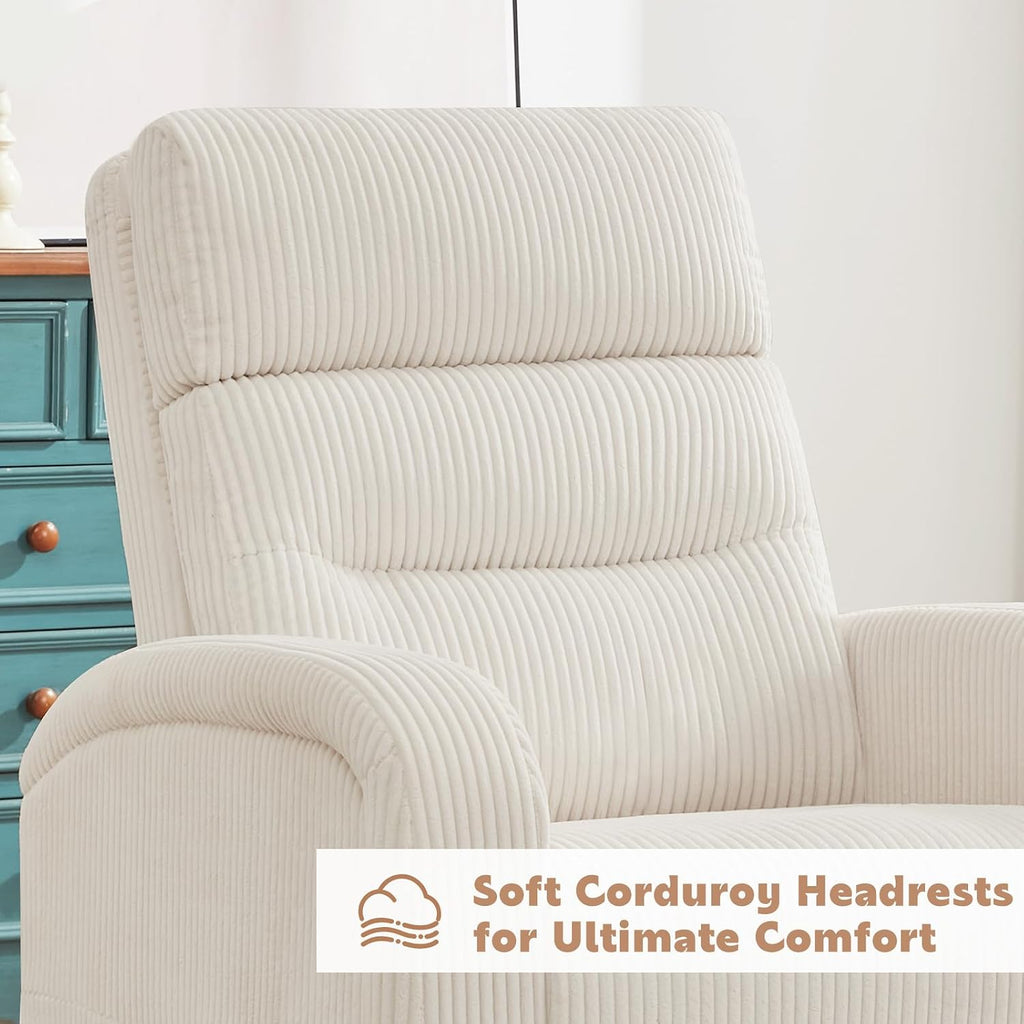 Swivel Nursery Rocker Recliner for Nursery, 360° Swivel Glider Recliner, Manual Rocking Recliner Chairs with Pockets and Large Arms for Living Room, White Corduroy