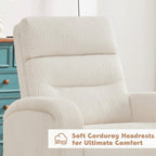 Swivel Nursery Rocker Recliner for Nursery, 360° Swivel Glider Recliner, Manual Rocking Recliner Chairs with Pockets and Large Arms for Living Room, White Corduroy