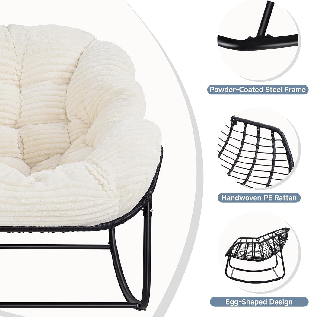 Indoor Rocking Chair, Oversized Outdoor Lounge Chair with Thick Corduroy Cushion & Straps, Wicker Modern Comfy Rocker Egg Chair for Living Room, Bedroom, Porch and Courtyard, Beige