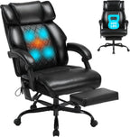 Massage Office Chair with Foot Rest and Heating, Executive Ergonomic Reclining Leather Office Chair, Big and Tall Desk Chair with Vibration Massager, Computer Gaming Chair for Home & Office Black