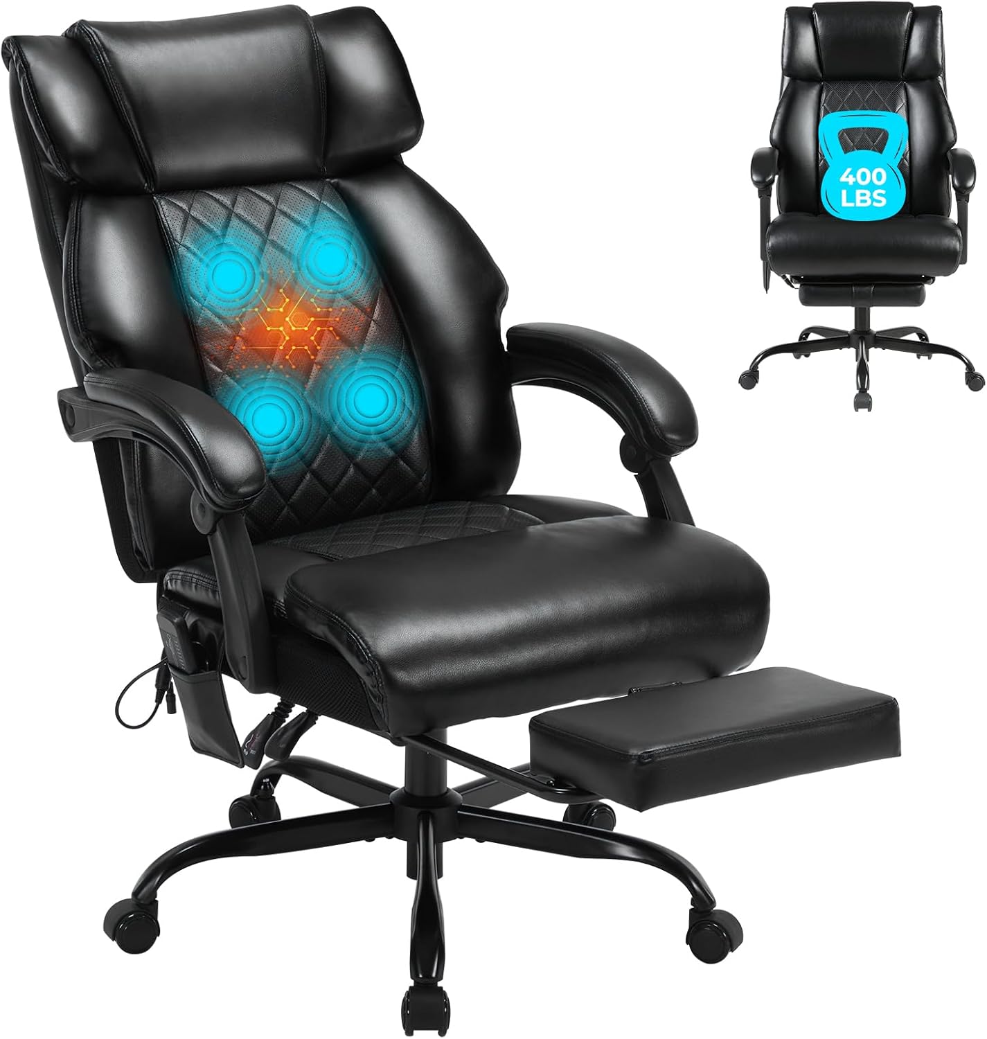 Massage Office Chair with Foot Rest and Heating, Executive Ergonomic Reclining Leather Office Chair, Big and Tall Desk Chair with Vibration Massager, Computer Gaming Chair for Home & Office Black