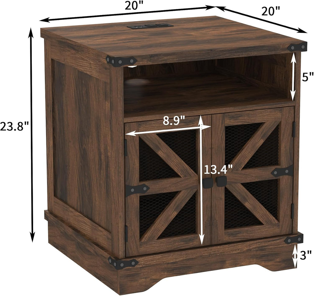Farmhouse End Table with Mesh Barn Door,24" Large Sofa Side Table with Adjustable Storage Shelf, Nightstand with Outlet,Storage Cabinet and Water-Resistant Finish for Living Room, Bedroom, Brown