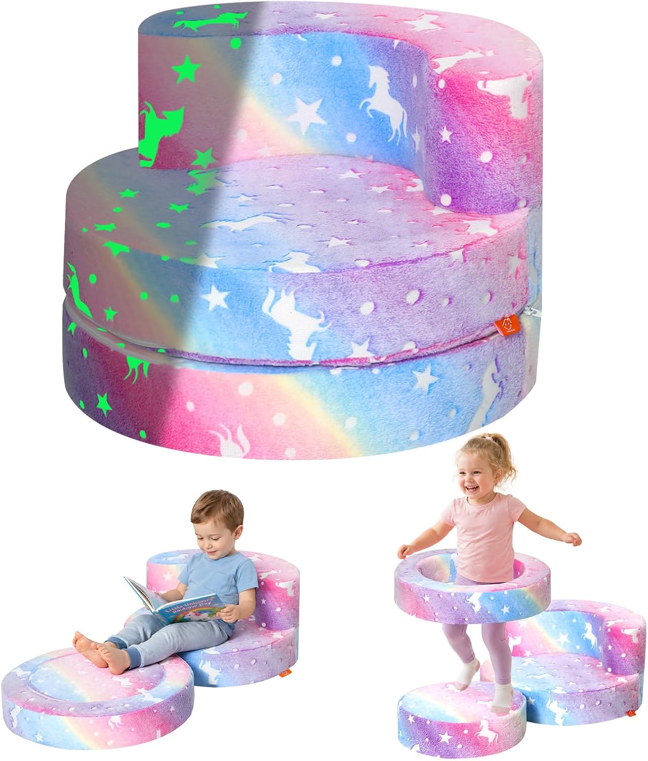 MeMoreCool Unicorn Kids Couch, Flip-Open Kids Chair, Glow Print, Rainbow