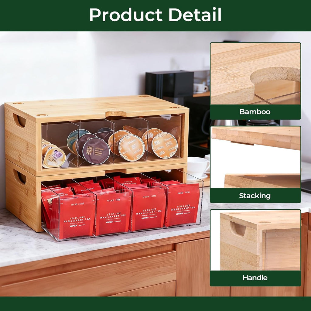 Stackable Bamboo Tea Box Organizer (Set of 2) - Large Capacity Tea Bag Storage Holder for Pantry & Cabinet - Multipurpose Tea Chest - Sustainable Kitchen Drawer & Office Breakroom Decor