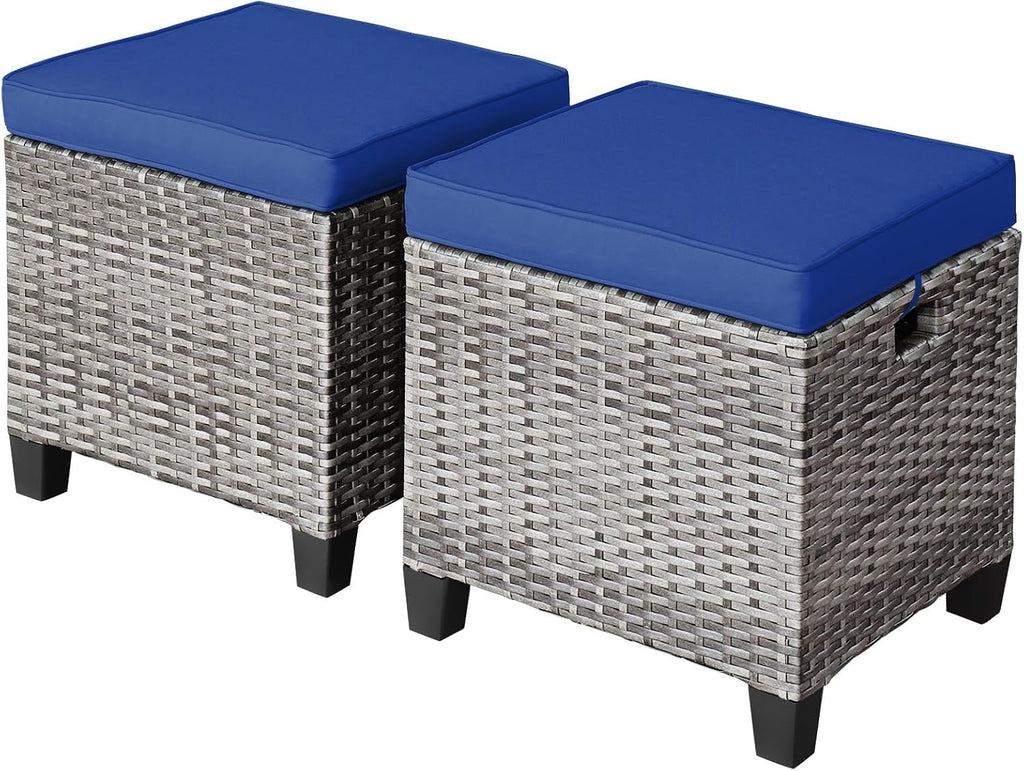 HAPPYGRILL Patio Ottoman Set of 2, Outdoor Rattan Wicker Ottoman Seat with Removable Cushions, Patio Furniture Footstool Footrest Seat (Mix Grey & Navy)